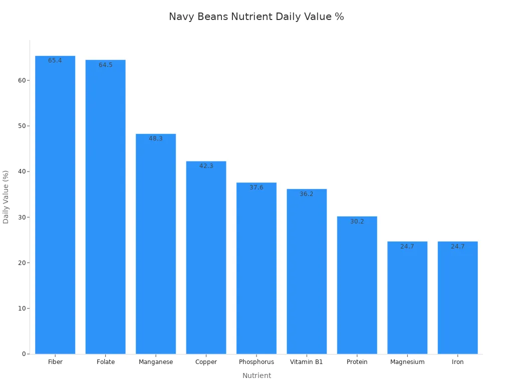 Bar chart showing daily value percentages of key nutrients in navy beans