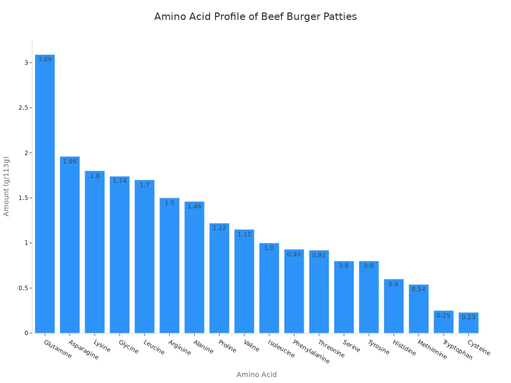 A bar chart showing the amount of various amino acids in beef burger patties, ordered from most to least abundant.