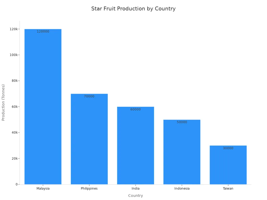A bar chart showing the annual star fruit production volume for different countries, with Malaysia having the highest production.