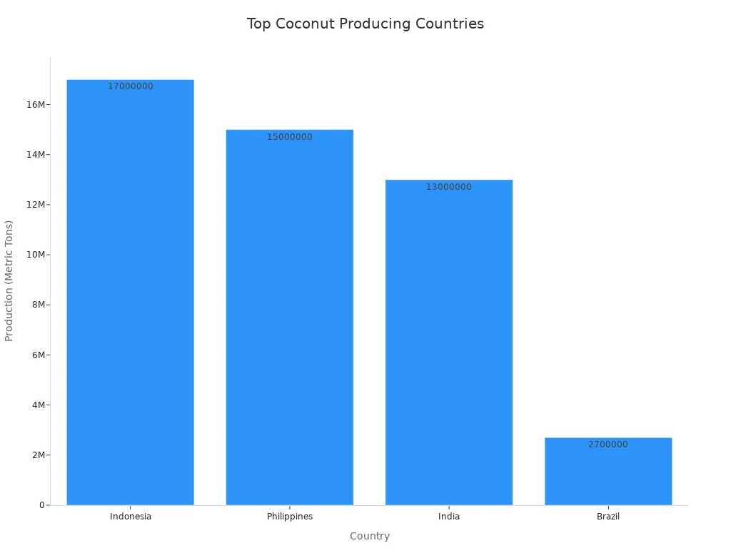 A bar chart showing coconut production by country, with Indonesia, Philippines, India, and Brazil as the top producers.