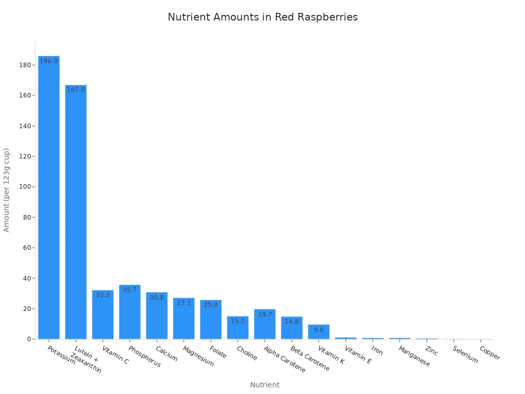 A bar chart showing the amounts of various nutrients found in a 123g cup of red raspberries, ordered from highest to lowest amount.